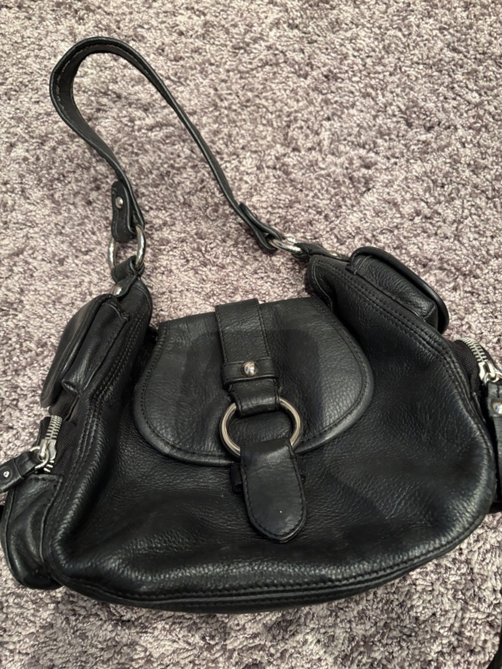Black Leather Shoulder Bag with Ring Accent